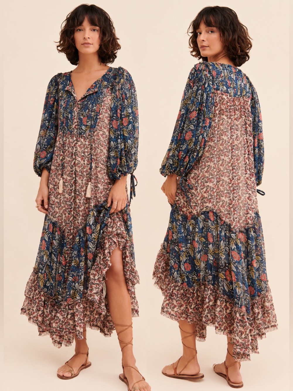 Free People Estelle Chiffon Floral Maxi Dress Blue Multi Size S